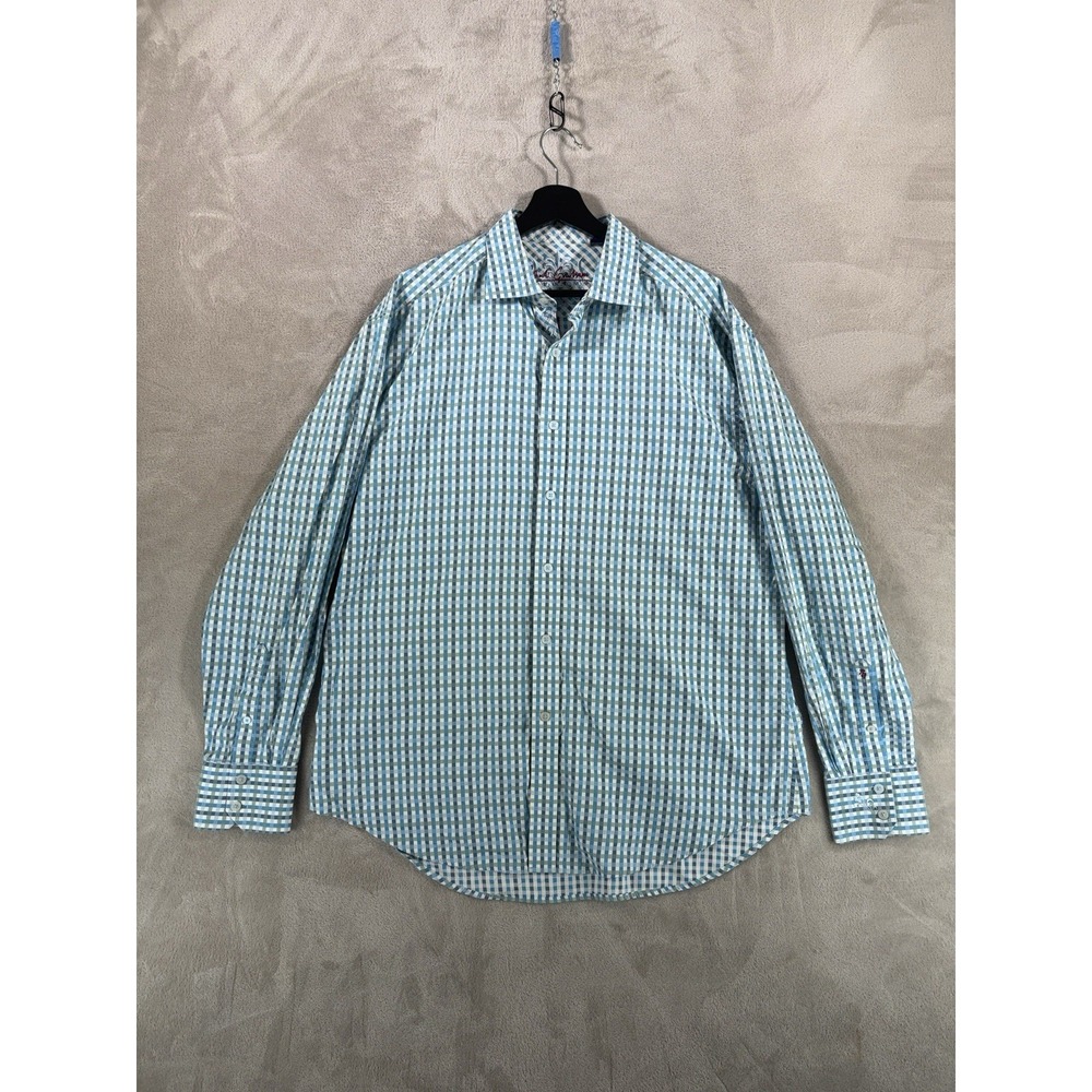 Robert Graham Button Down Shirt Mens XL White Blue Check Plaid Flip Cuff